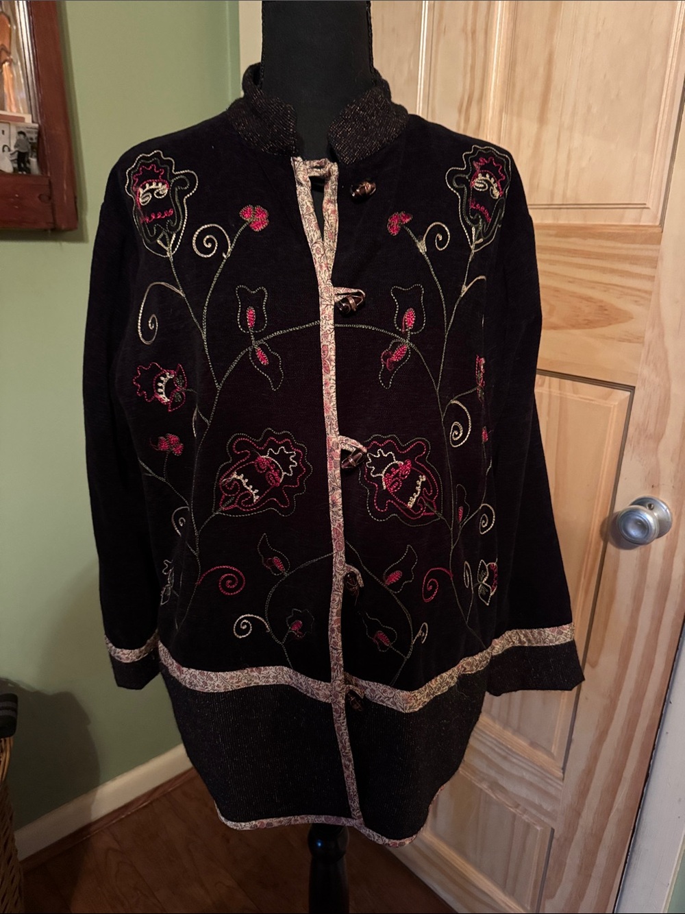 White Stag Black Embroidered Jacket with beaded buttons. Pockets.